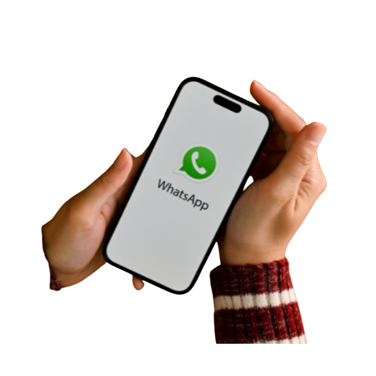 Hands holding phone with WhatsApp logo on screen