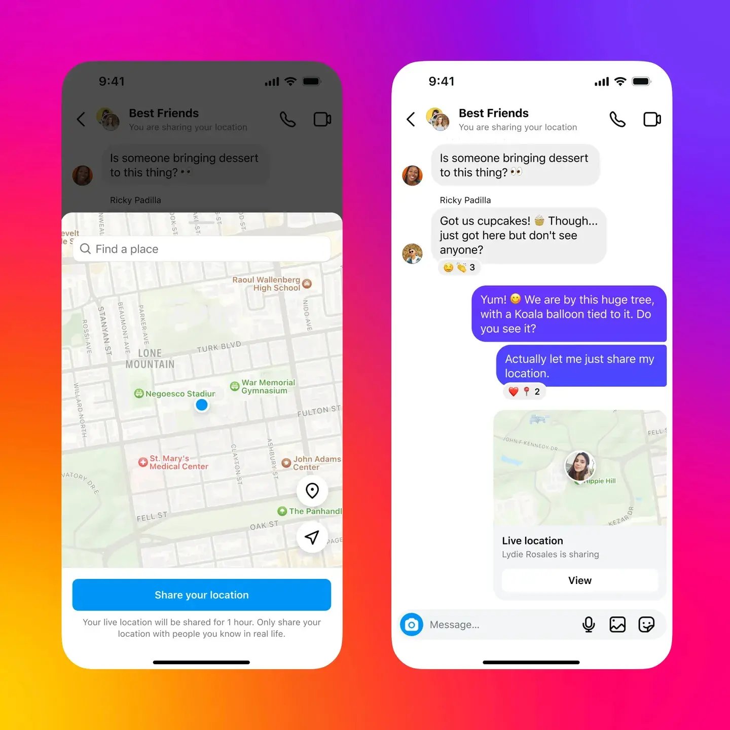 Two phone screens showing a map and a chat with live location sharing